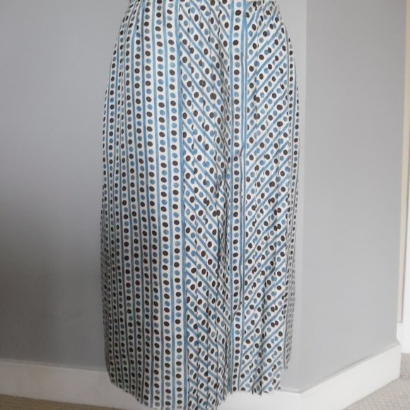 Prada Silk Polka Dot Logo Pencil Brown Blue White Raw hem Silk Midi Skirt Medium - Picture 6 of 10